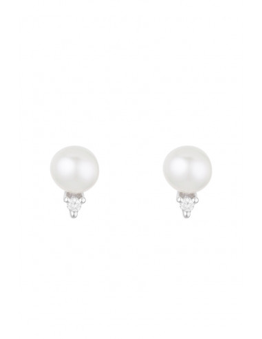 Boucles d'oreilles Or Blanc 375/1000 "Perles Trio Brillant" Perles Blanches et Diamants  0,02ct/2