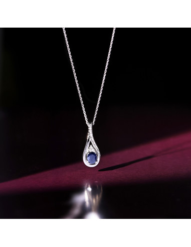 Pendentif Or Blanc 375/1000 "Blue tear" Diamant 0,05/10 + Saphir 0,57/1