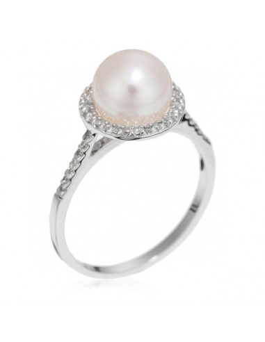 Bague "Perle enchantée" Or blanc Diamant :0,13ct/42+ 1 perle de culture de 8mm